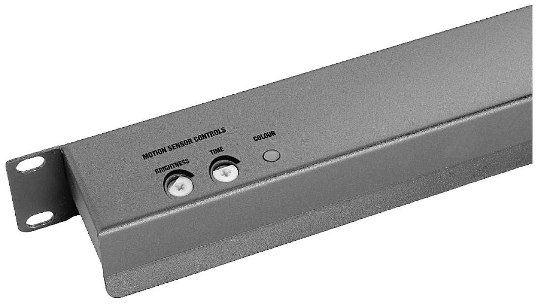 Barre de capteurs métallique avec des commandes pour régler la 'Luminosité', le 'Temps' et la 'Couleur'.