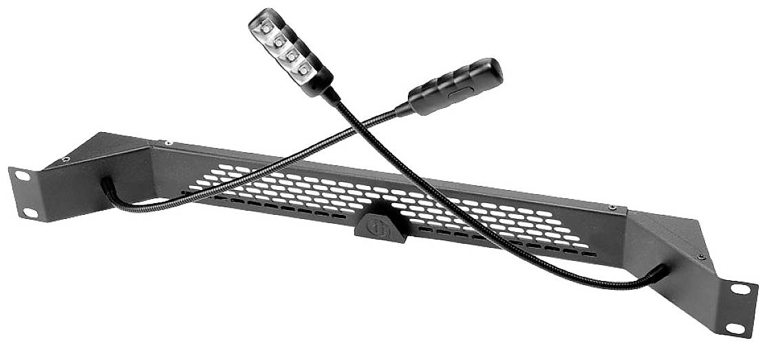Un ventilateur noir perforé en métal pour baies serveur, équipé de deux bras lumineux LED flexibles, conçu pour le refroidissement et l'éclairage.