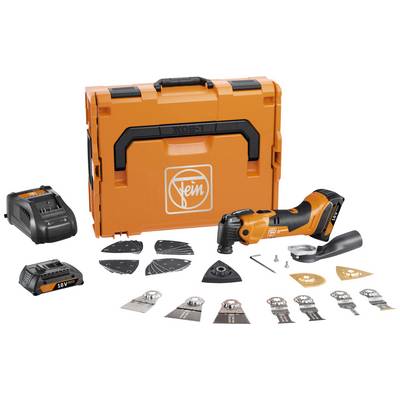 Un ensemble d'outils multifonctions orange avec plusieurs accessoires, chargeur, deux batteries et mallette de transport. Idéal pour les projets de bricolage.