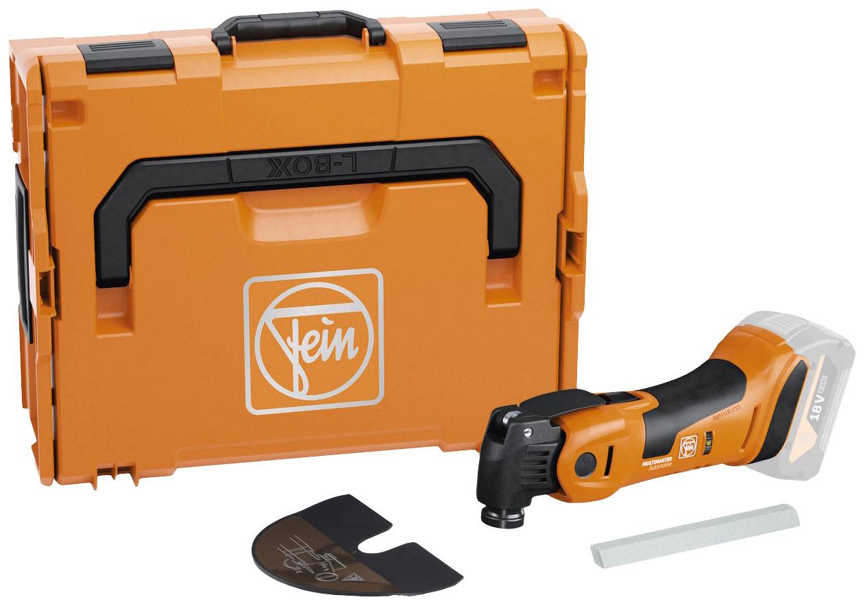 Une boîte à outils orange contenant un outil électrique oscillant et son accessoire. Logo de la marque 'Fein' sur la boîte.