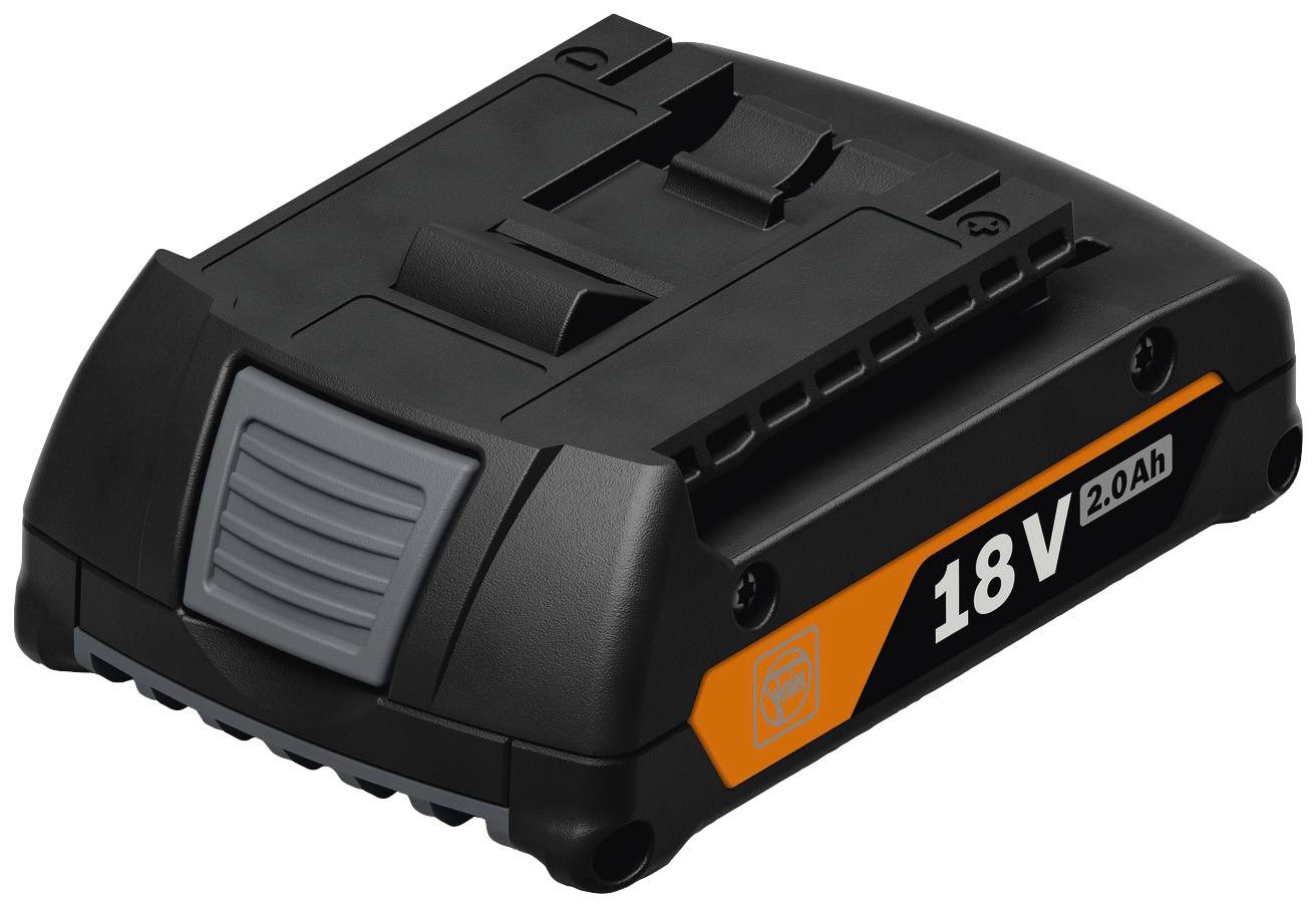 Une batterie noire rectangulaire avec une bande orange, portant l'inscription « 18V 2,0Ah ».