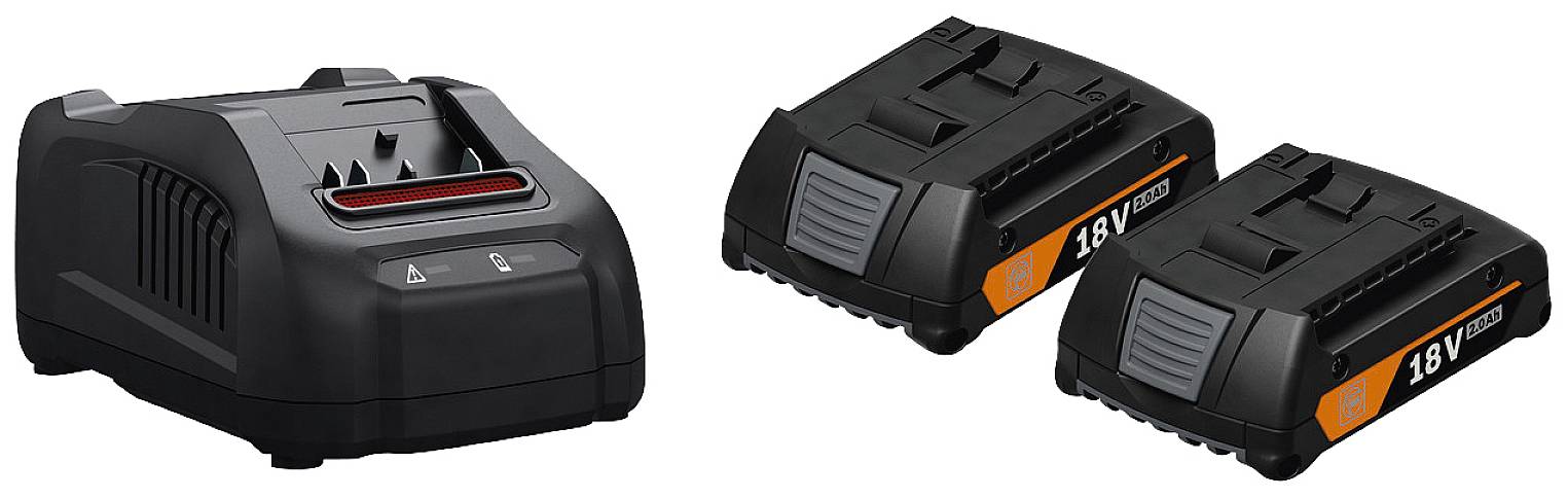Chargeur et deux batteries lithium-ion 18V sur fond blanc. Idéal pour les outils électriques.