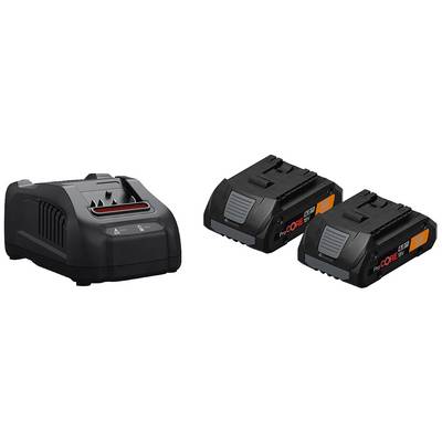 Chargeur pour outils électriques avec deux batteries. Les batteries sont noires avec l'inscription orange 'CORE18V'.