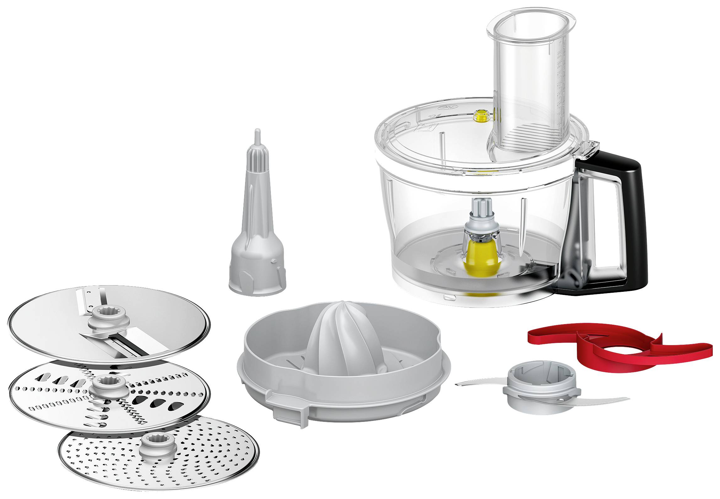 Un appareil de cuisine multifonctionnel avec accessoires pour hacher, couper et presser, composé d'un récipient transparent et de ses accessoires.