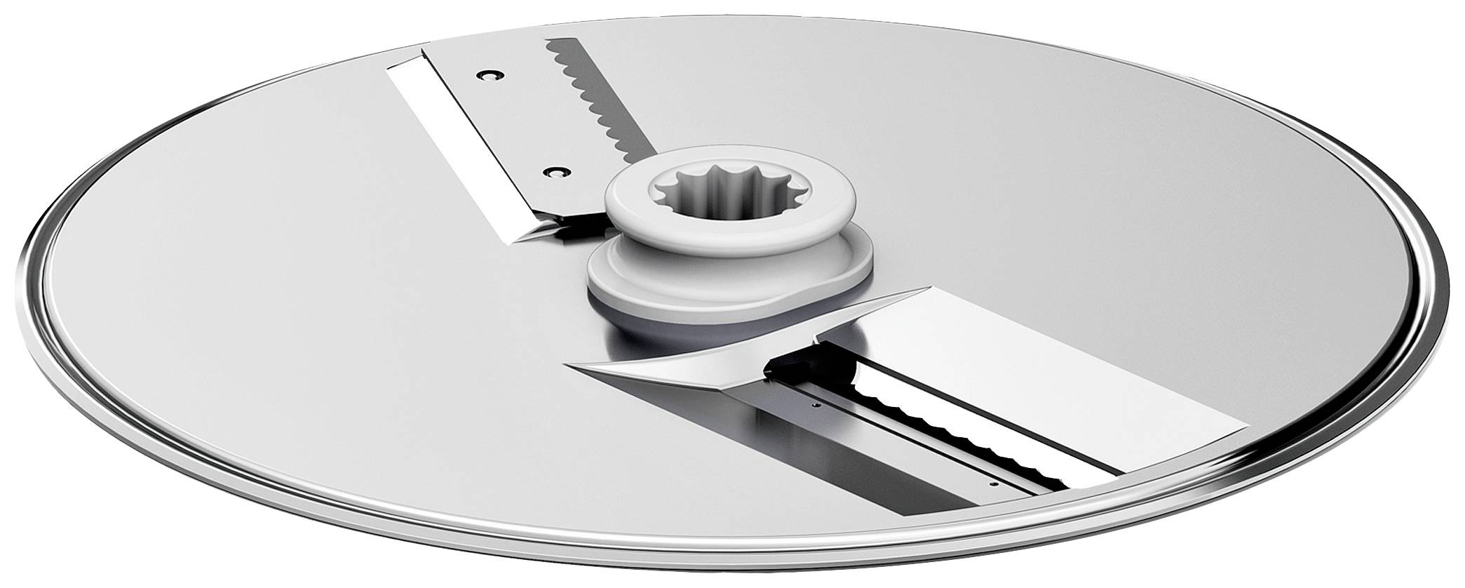 Un disque rond en métal argenté avec plusieurs lames tranchantes, probablement une pièce de rechange pour un appareil de cuisine, comme un coupe-légumes.