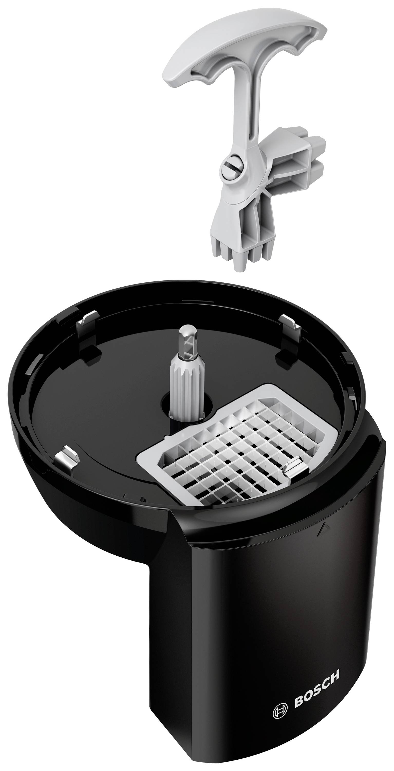 'Accessoire Bosch pour robot de cuisine', montre un hachoir noir avec un couvercle amovible et des ailes de rotor, destiné à hacher des ingrédients.