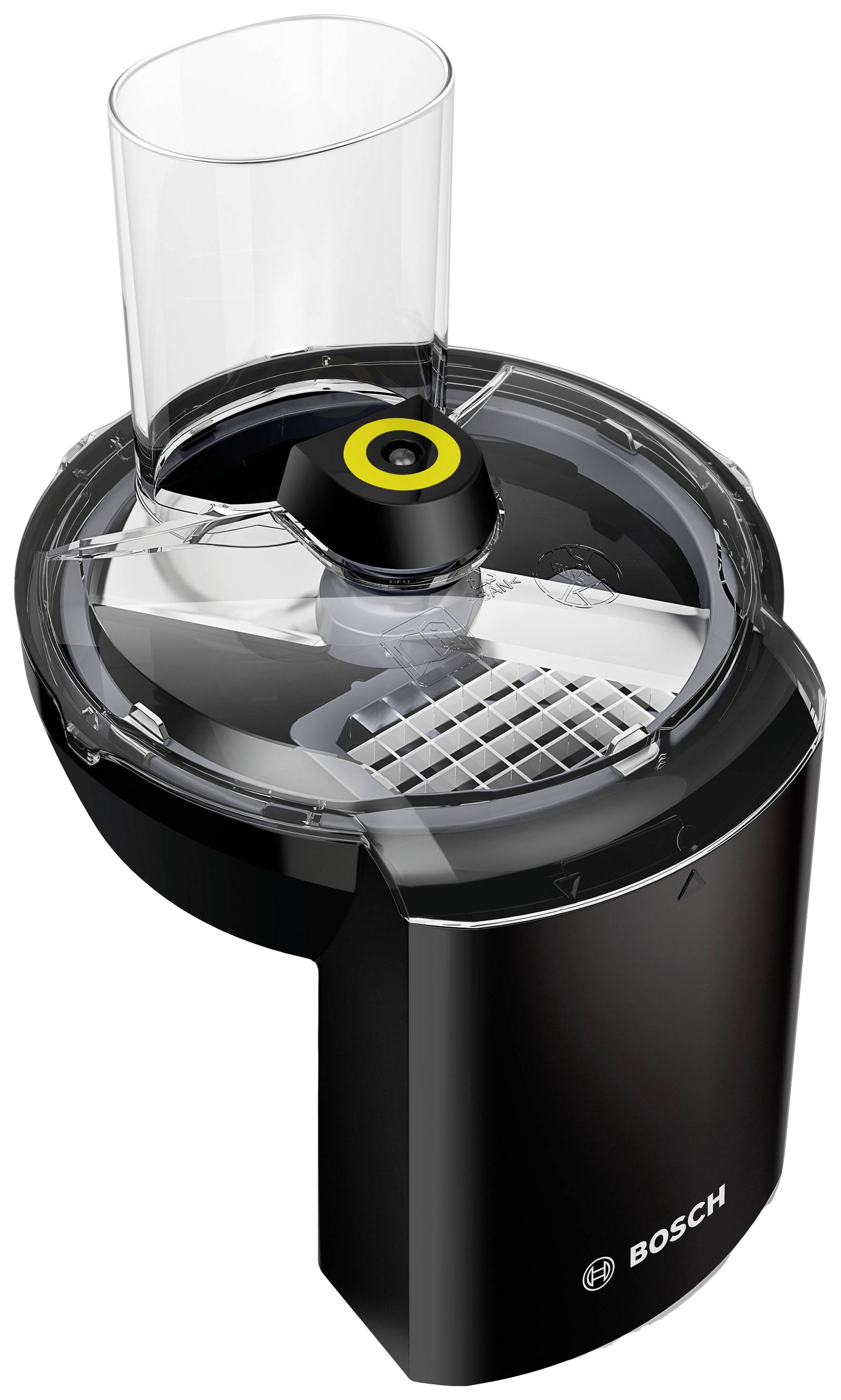 Un accessoire de robot de cuisine Bosch noir avec un couvercle transparent et une ouverture de remplissage, adapté pour hacher des ingrédients.