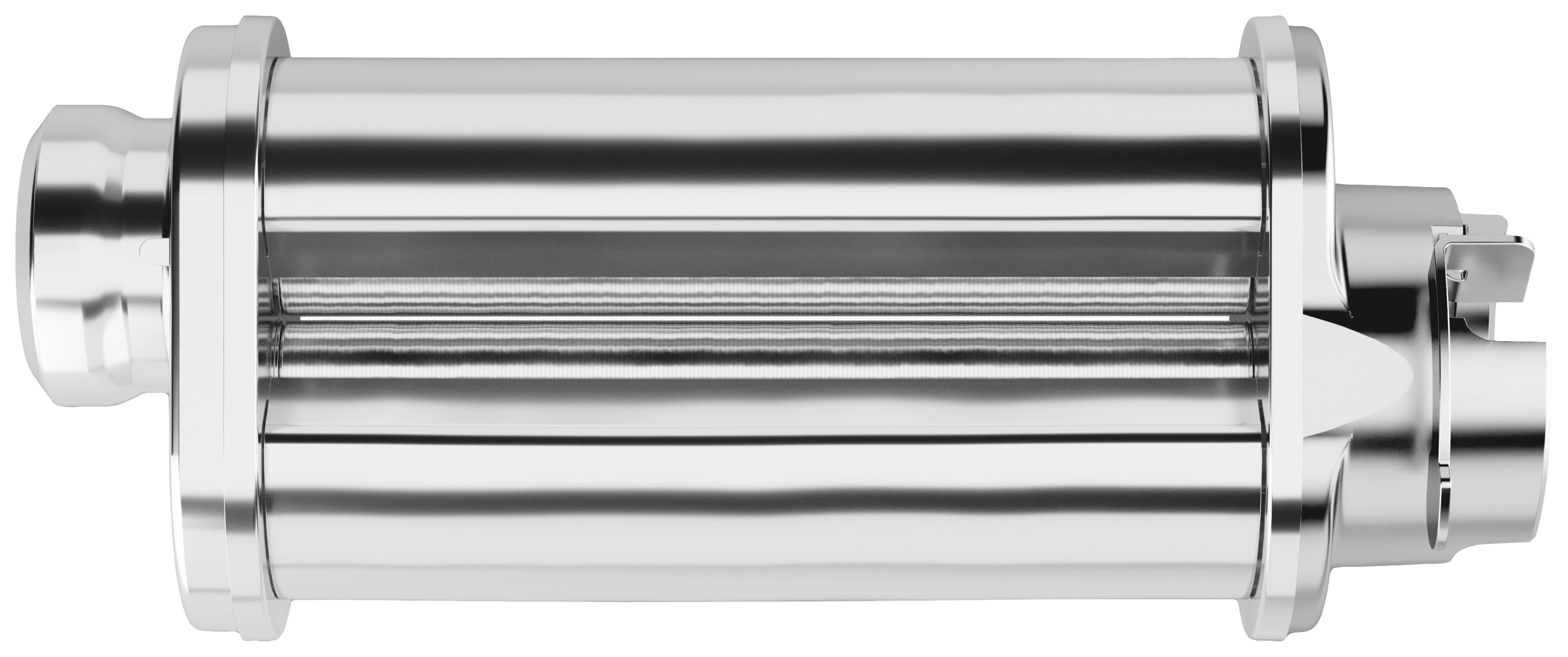 Rouleau industriel en métal à surface striée, aligné horizontalement. Couleur argentée très brillante, sans arrière-plan.
