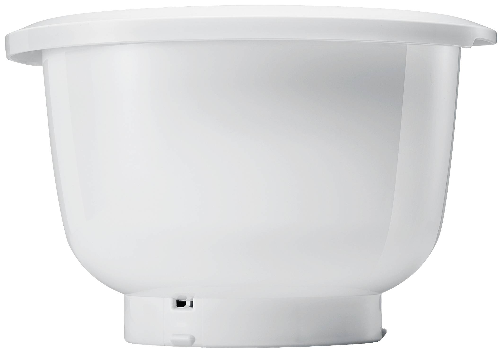 Bol en plastique blanc, rond, avec rebord. Vue de côté.