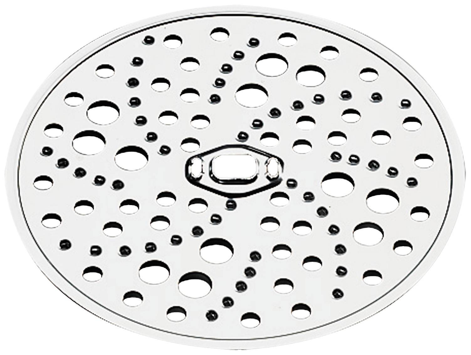 Évacuation circulaire en métal avec différents diamètres de trous, principalement ronds.
