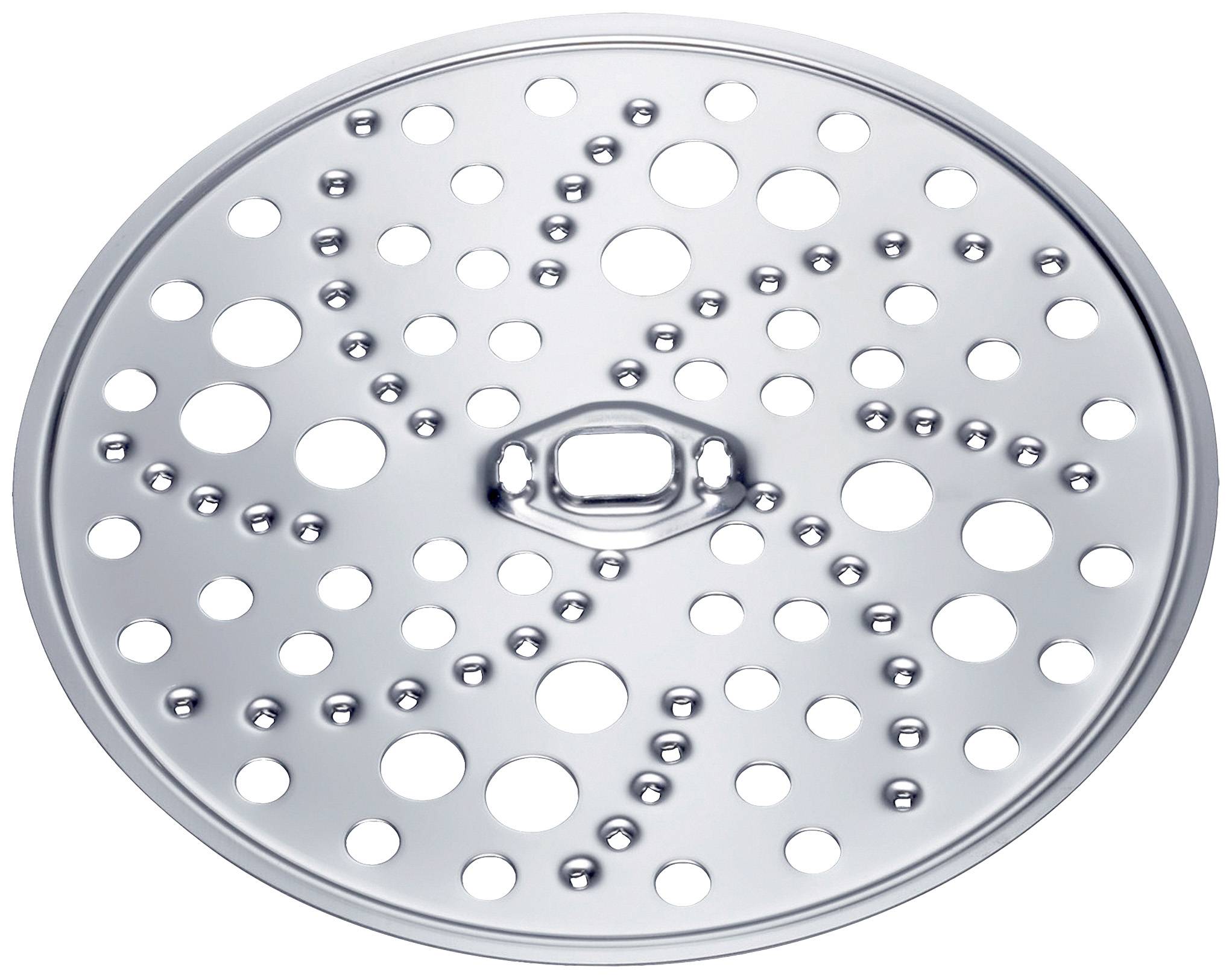 Disque métallique percé de trous circulaires symétriques ; accessoire de cuisine, probablement un insert pour un appareil électroménager.