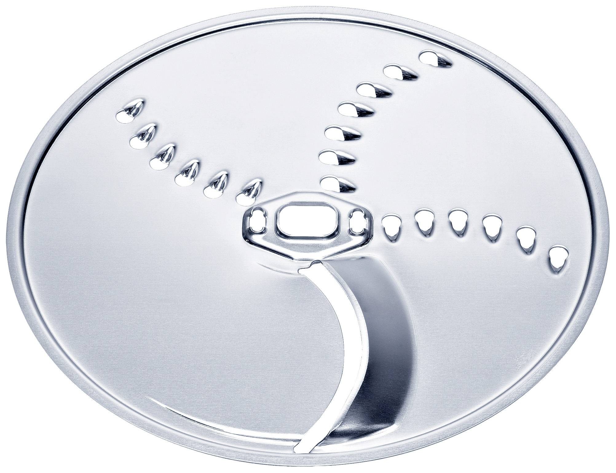 Lame circulaire argentée avec plusieurs petits trous et une lame au centre, probablement destinée à un robot de cuisine.