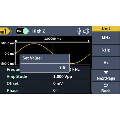L'écran de l'oscilloscope affiche une onde sinusoïdale de 1,00000 ms et 500,0 mV. Champ de saisie « Valeur de réglage : 7,5 ». Unités : MHz, kHz, Hz.