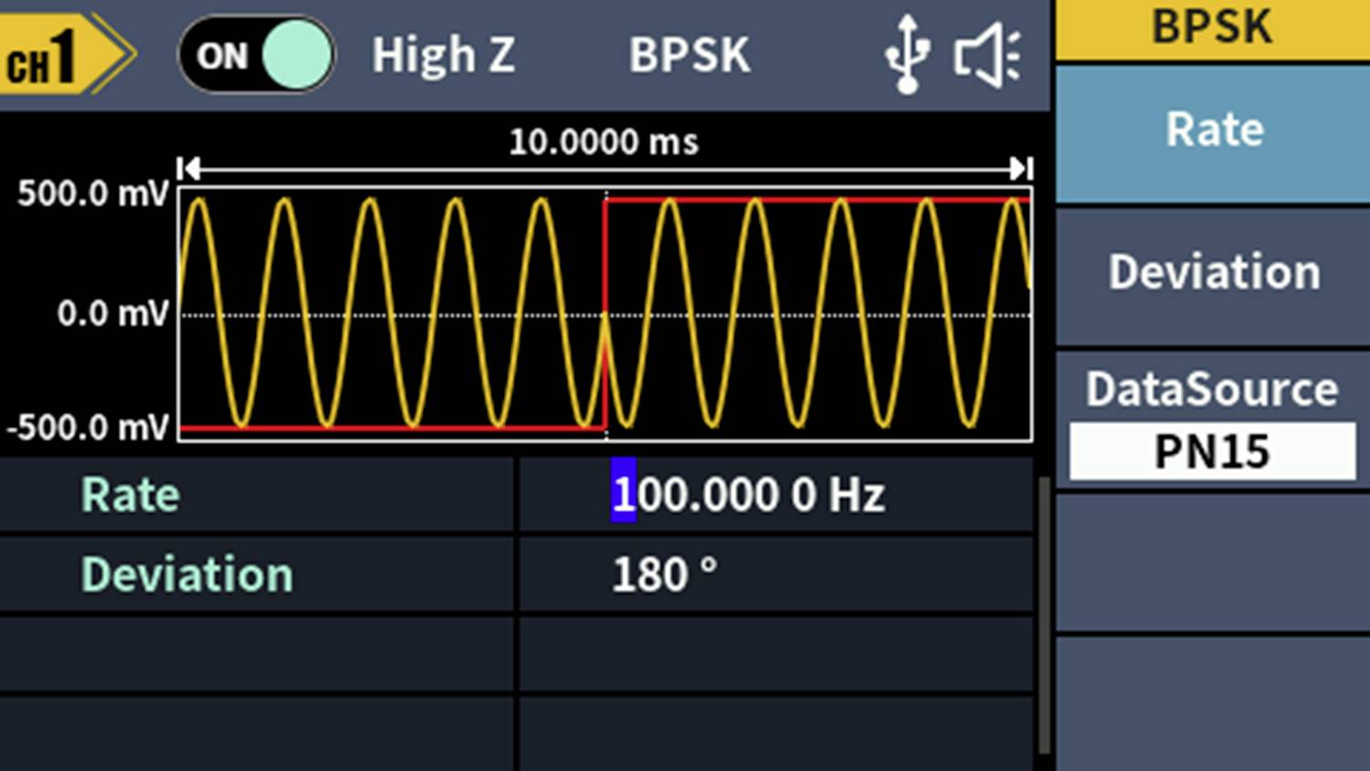 'Écran d'oscilloscope avec un affichage de forme d'onde. Onde sinusoïdale jaune entre -500,0 et 500,0 mV. Mode BPSK, fréquence : 100,0000 Hz.'