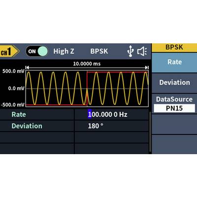 'Écran d'oscilloscope avec un affichage de forme d'onde. Onde sinusoïdale jaune entre -500,0 et 500,0 mV. Mode BPSK, fréquence : 100,0000 Hz.'