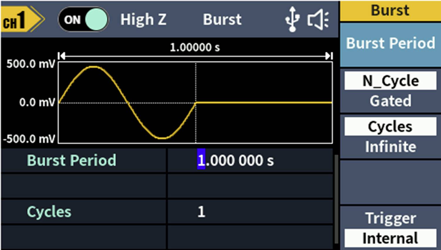 L'écran de l'oscilloscope affiche une onde sinusoïdale d'une durée de 1,000000 s et de 1 cycle en mode de burst.