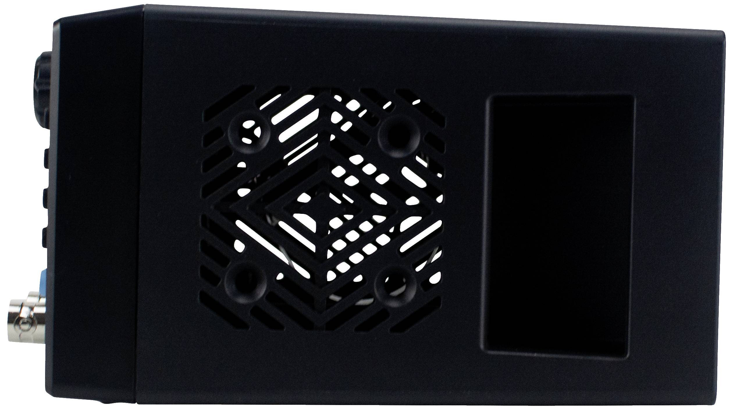 Un appareil technique noir avec des fentes de ventilation sur le côté et plusieurs ports de connexion.