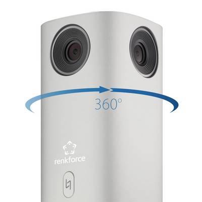 Une caméra 360 degrés de Renkforce avec deux objectifs permettant des prises de vue panoramiques. Une flèche bleue indique la fonction 360 degrés.
