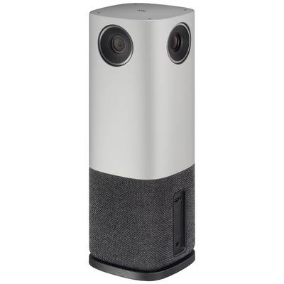 Haut-parleur cylindrique argenté-gris avec deux caméras en haut, port USB et moitié inférieure texturée.