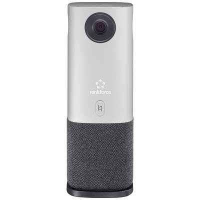 Caméra de surveillance Renkforce avec zone textile noire en bas, boîtier argenté et objectif de caméra en haut. Idéale pour la surveillance intérieure.