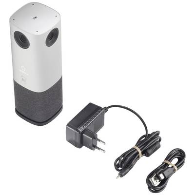 Un haut-parleur cylindrique gris avec deux lentilles, à côté d'un bloc d'alimentation noir et d'un câble USB.