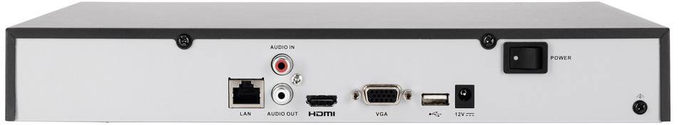 Le dos d'un appareil électronique présente des ports : LAN, Audio In, HDMI, VGA, USB, prise d'alimentation et un interrupteur marche/arrêt.