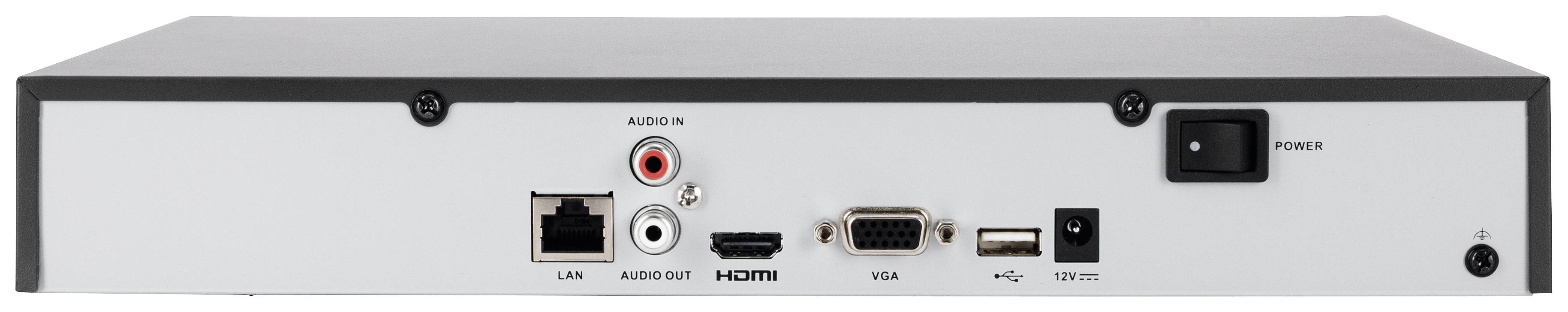 Arrière d'un appareil électronique avec les connexions suivantes : LAN, HDMI, VGA, Entrée/Sortie audio, USB et interrupteur d'alimentation.
