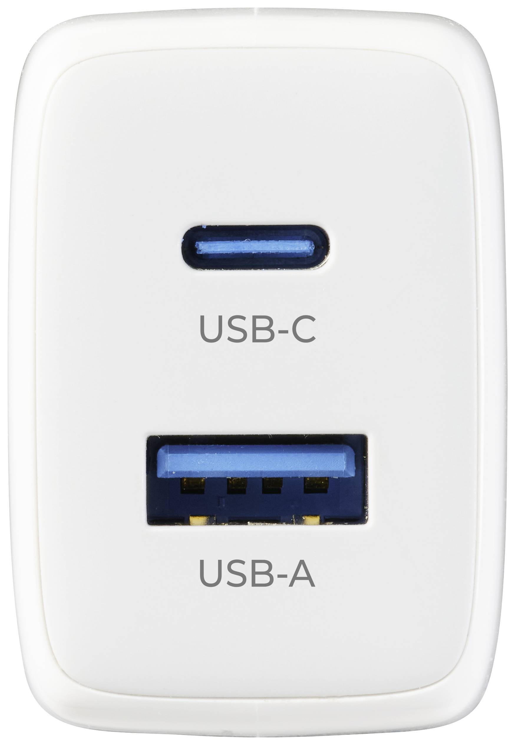 Un chargeur avec deux ports : en haut un port USB-C, en bas un port USB-A.