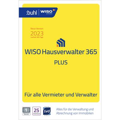 Couverture du logiciel 'WISO Gestionnaire Immobilier 365 PLUS' avec un fond jaune. Texte : 'Nouvelle version 2023,' 'Pour tous les propriétaires et gestionnaires.'