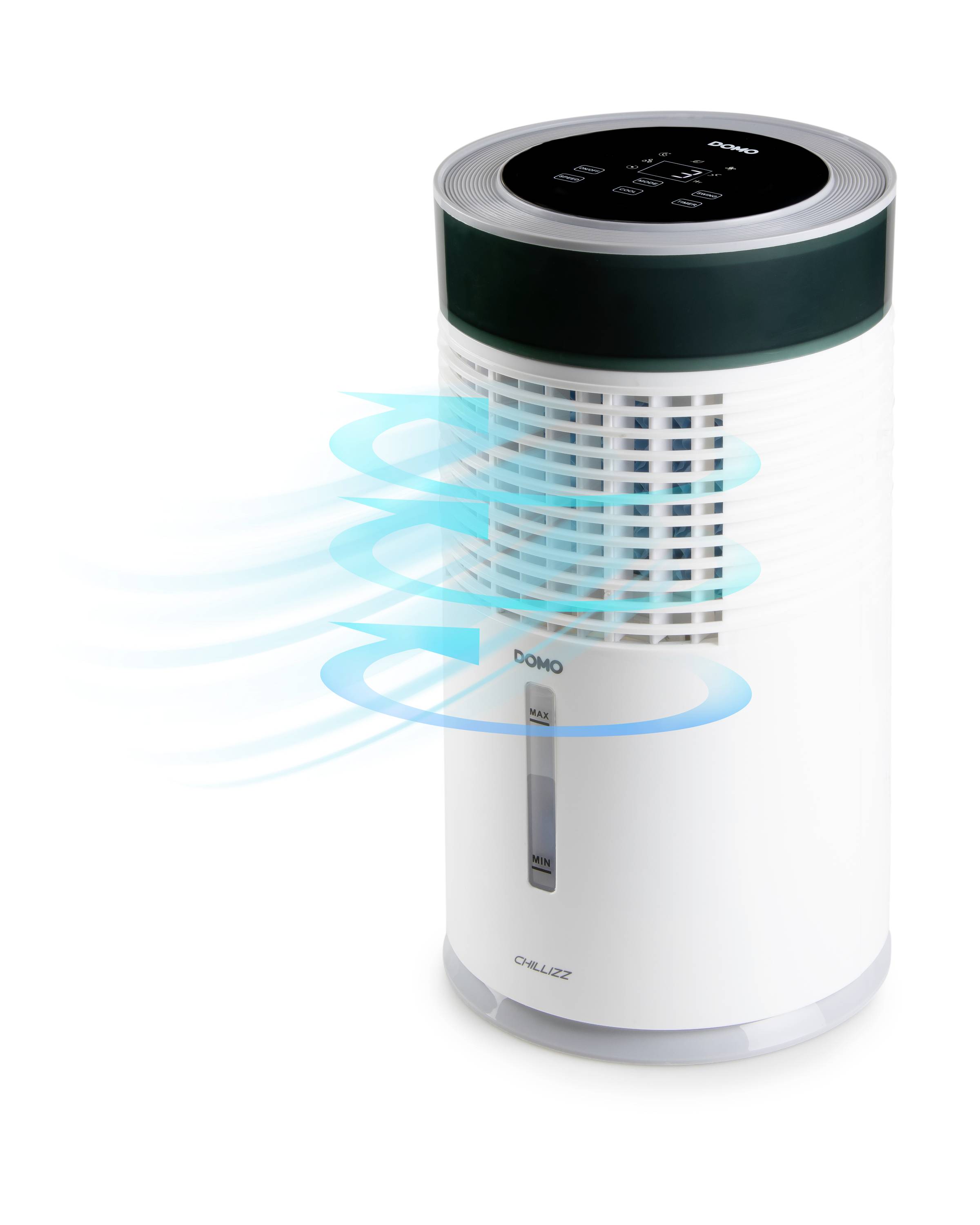 Un purificateur d'air blanc avec un panneau de commande noir en haut et un flux d'air stylisé bleu sur le côté.