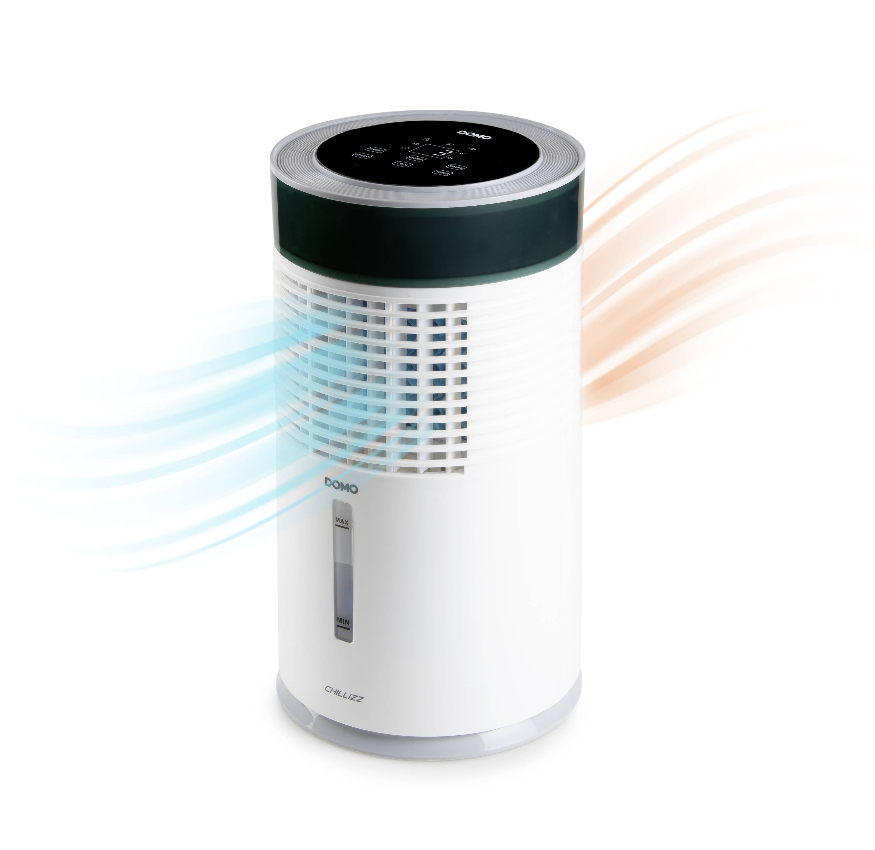 Un purificateur d'air de forme cylindrique avec un affichage numérique sur le dessus. Il indique un flux d'air frais bleu et un flux d'air chaud orange.