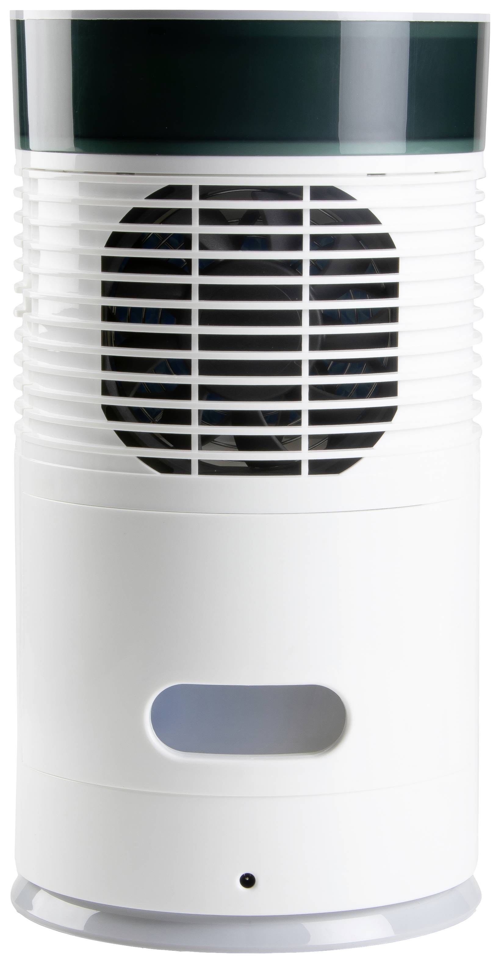 Destructeur électrique blanc pour insectes, avec grille noire et échancrure ovale à la base, posé sur une surface lisse.