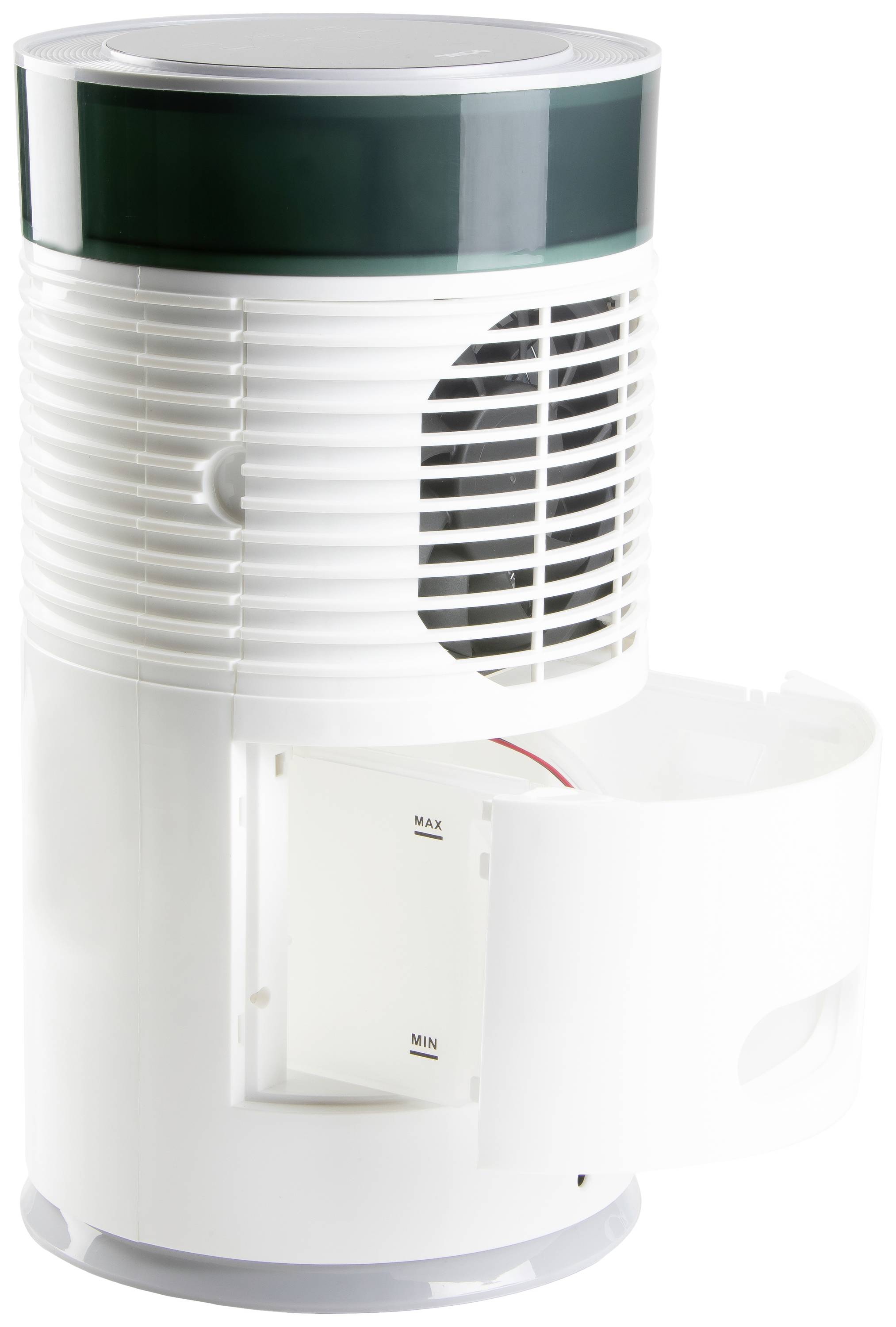 Un déshumidificateur blanc cylindrique avec un bord supérieur noir et un compartiment ouvert sur le côté.