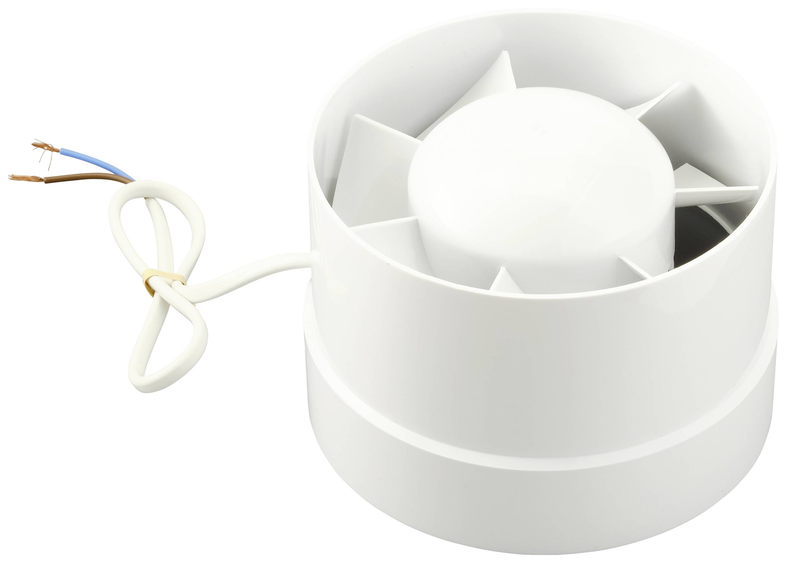 Ventilateur blanc cylindrique avec pales ouvertes ; deux fils dénudés sur le côté.