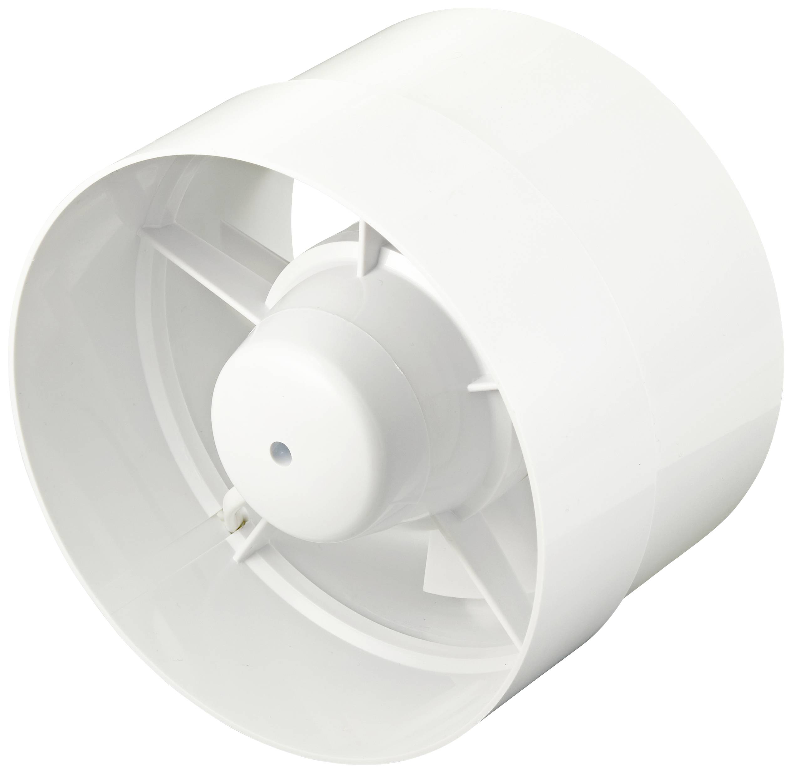 Un ventilateur blanc à boîtier circulaire et rotor interne, adapté aux systèmes de ventilation dans les espaces résidentiels ou commerciaux.