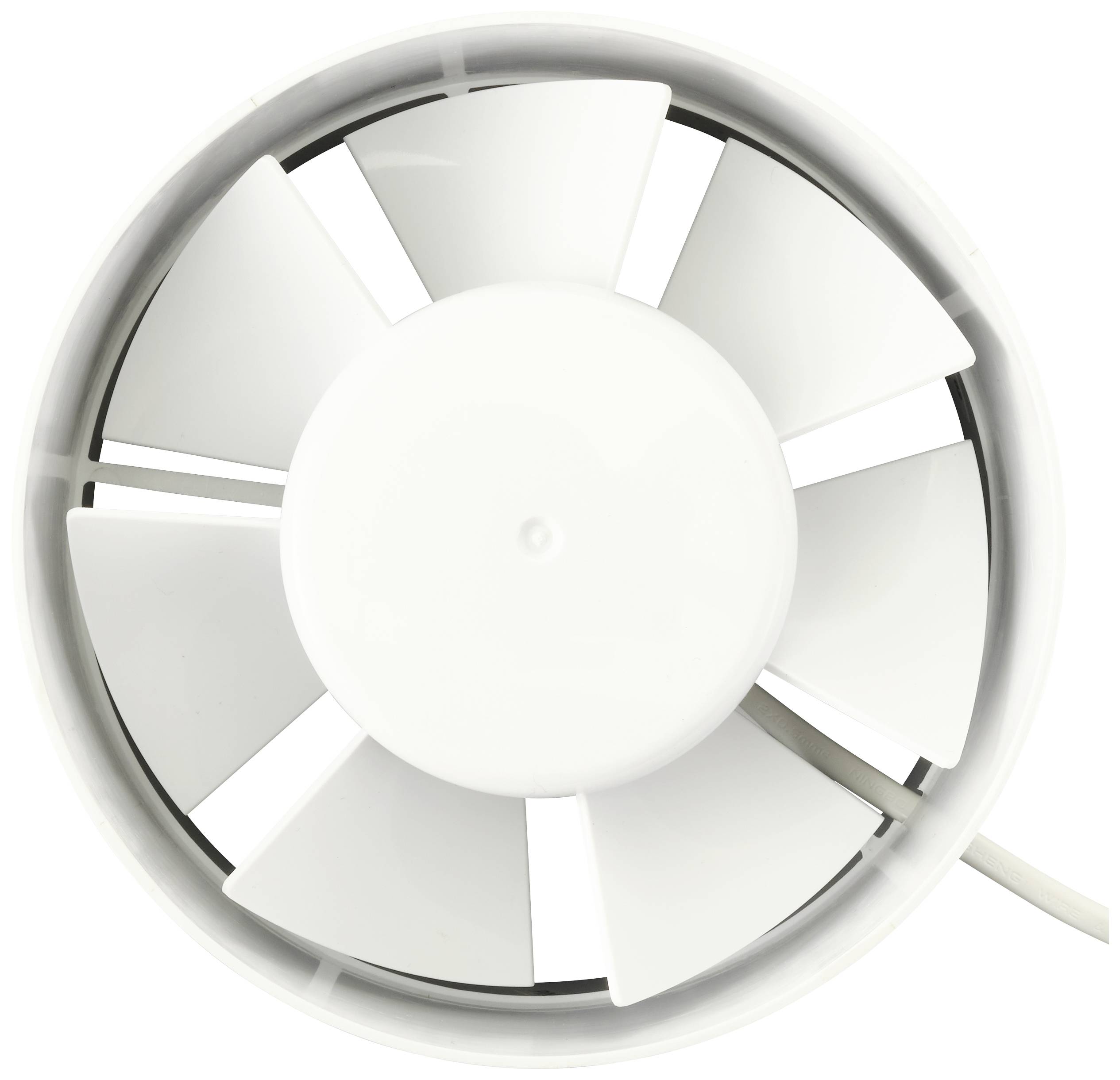 Un ventilateur blanc à plusieurs pales à l'intérieur d'un boîtier, vu de dessus. Adapté pour ventiler ou aérer des espaces intérieurs.