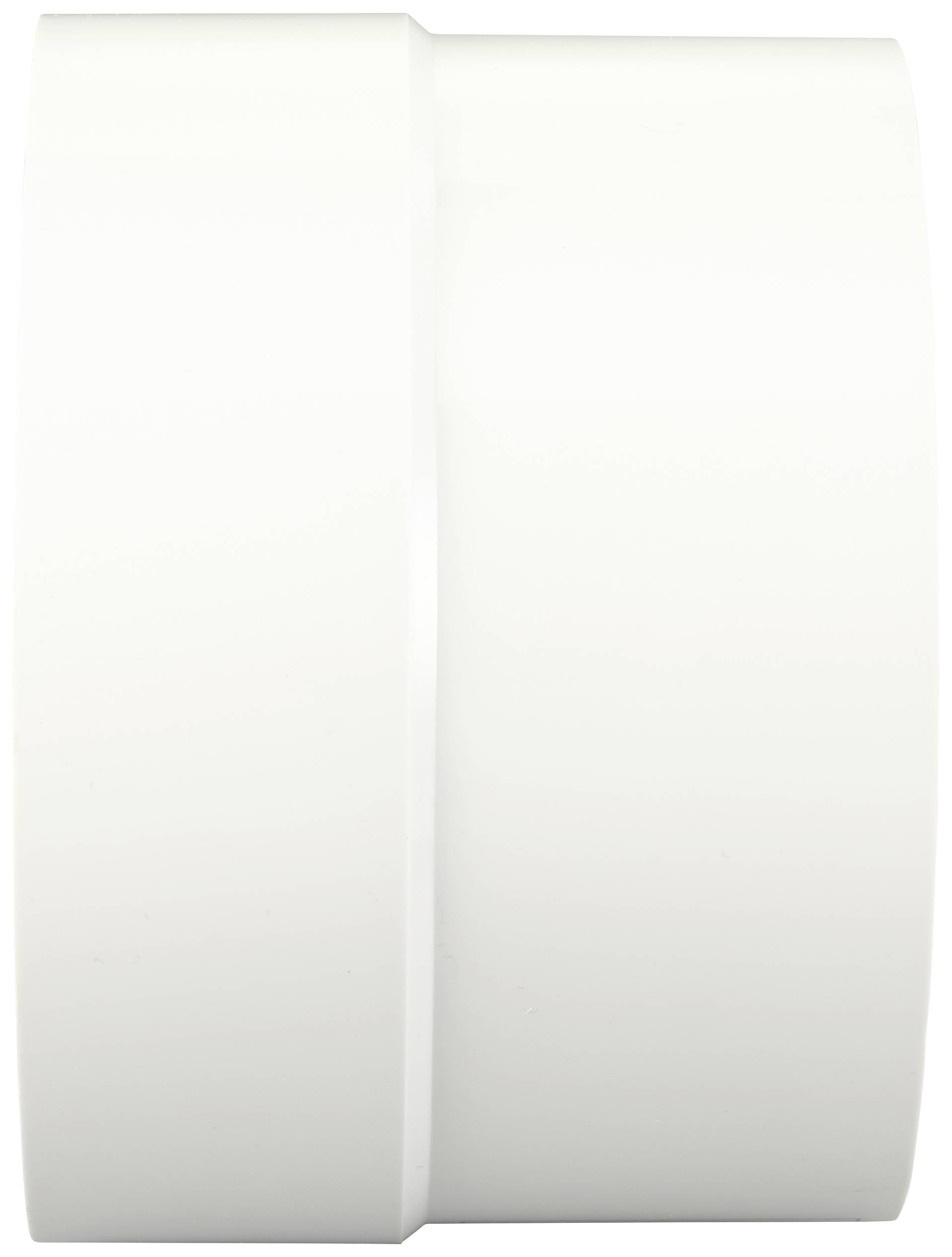 Un adaptateur cylindrique blanc en plastique, probablement un raccord de tuyau, sur un fond blanc.