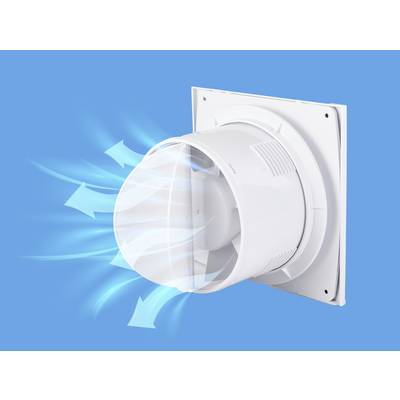 Un ventilateur de ventilation blanc souffle de l'air vers l'extérieur, illustré par des flèches bleues sur un fond bleu.