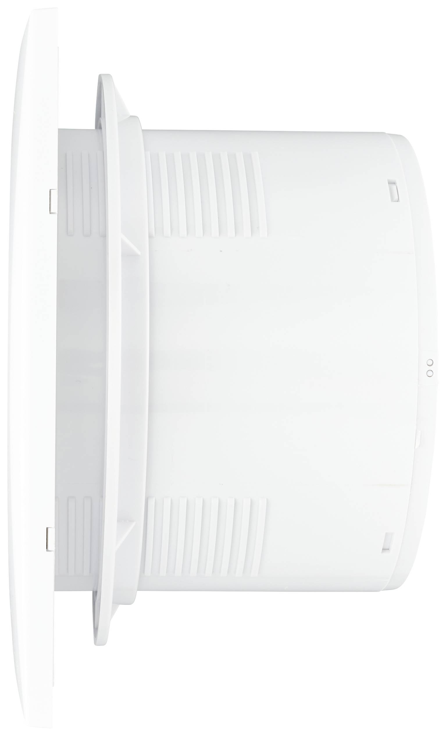 Vue latérale d'un appareil cylindrique blanc avec des fentes de ventilation. Aucun autre détail n'est visible.