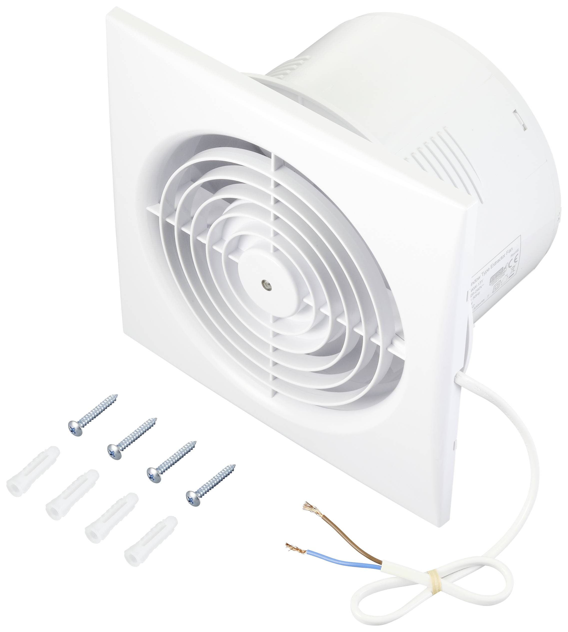 Un ventilateur de salle de bain blanc avec une façade amovible, les pales du ventilateur visibles. À côté, quatre vis et chevilles ainsi qu'un câble électrique.