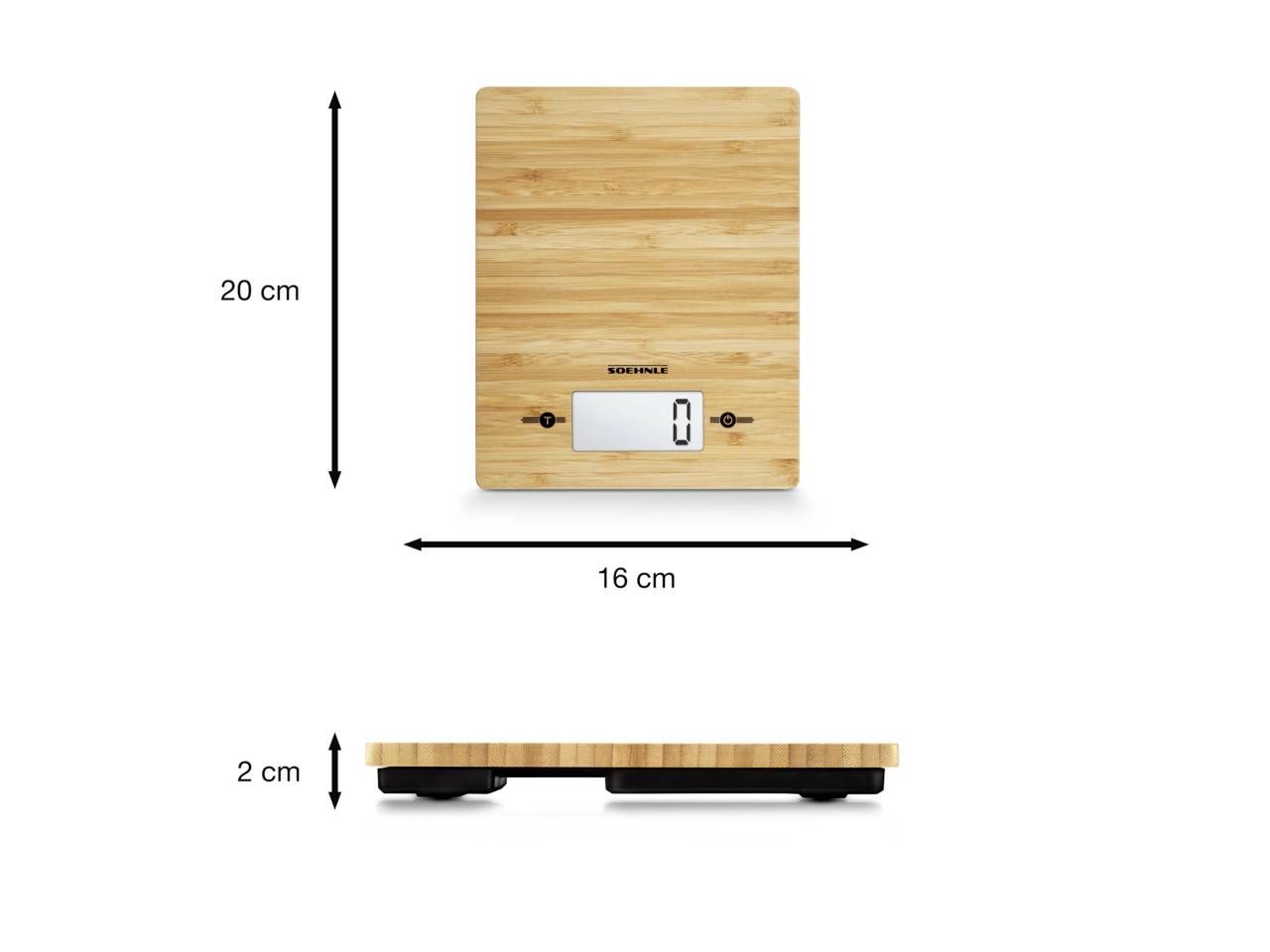 Balance de cuisine numérique en bois avec écran affichant '0'. Dimensions : 20 cm de hauteur, 16 cm de largeur, 2 cm d'épaisseur. Adaptée pour peser des ingrédients.