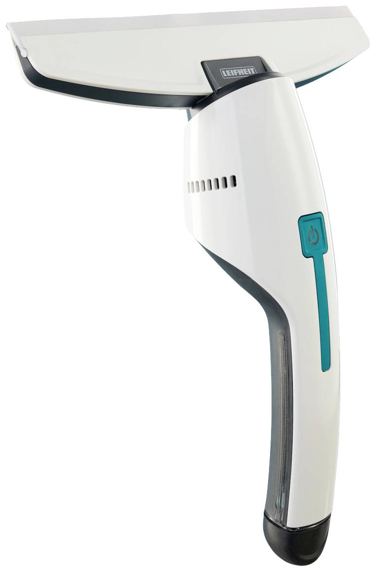 Aspirateur de fenêtre sans fil en blanc avec poignée bleue, buse étroite, adapté pour le nettoyage sans traces des surfaces vitrées.