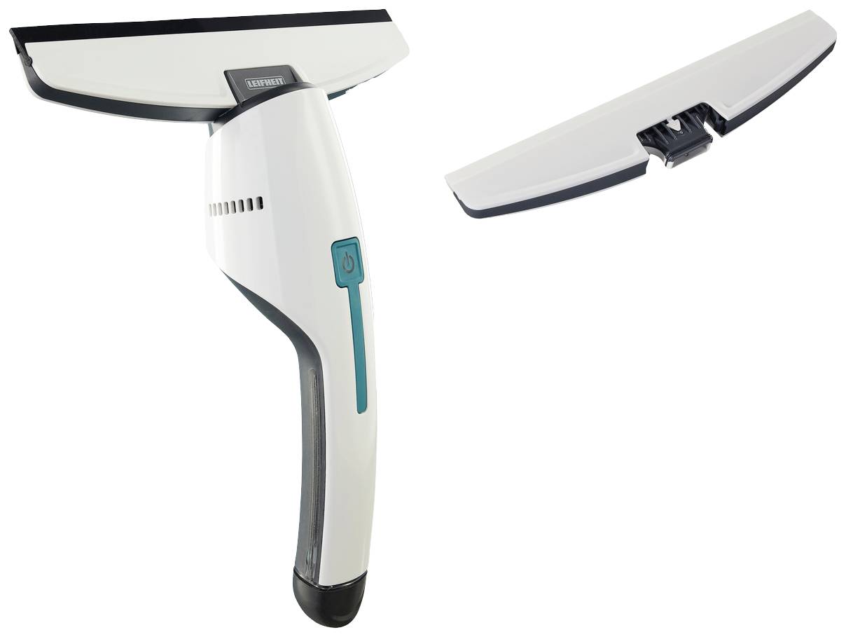 Un nettoyant de fenêtres électrique avec buse amovible. L'appareil est blanc avec des accents noirs et bleus.