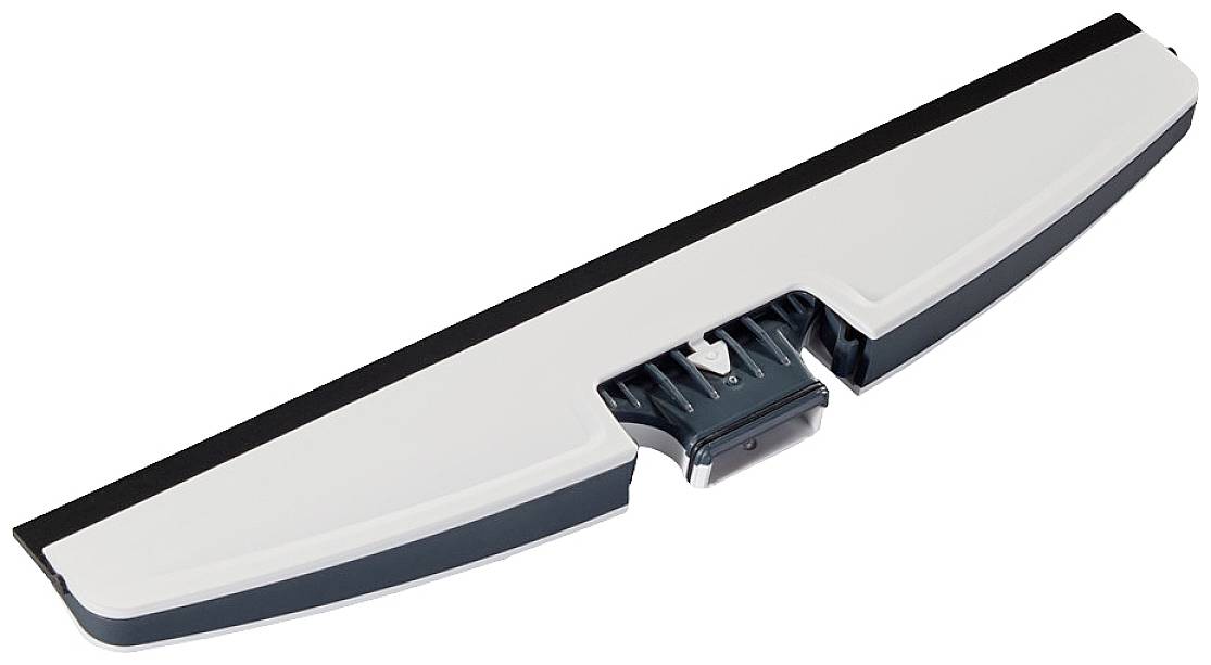 Un essuie-glace blanc avec une bande de caoutchouc noir étroite et une poignée en plastique. Adapté au nettoyage des surfaces vitrées.