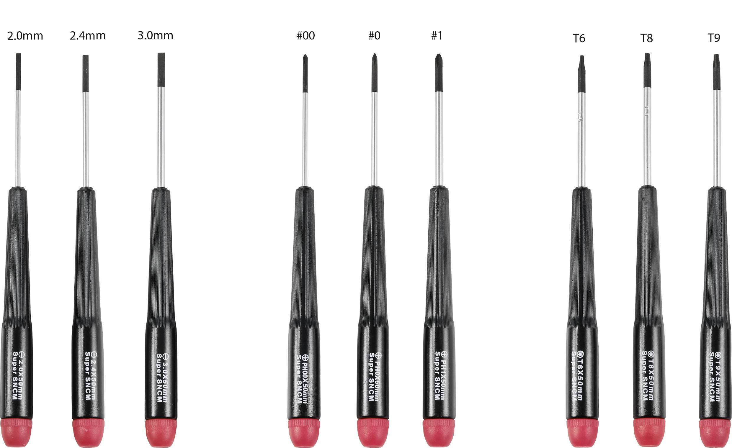 Une série de dix tournevis en deux groupes : à gauche trois tournevis à tête plate avec des tailles de 2,0 mm, 2,4 mm, 3,0 mm ; à droite sept tournevis à tête cruciforme et Torx.
