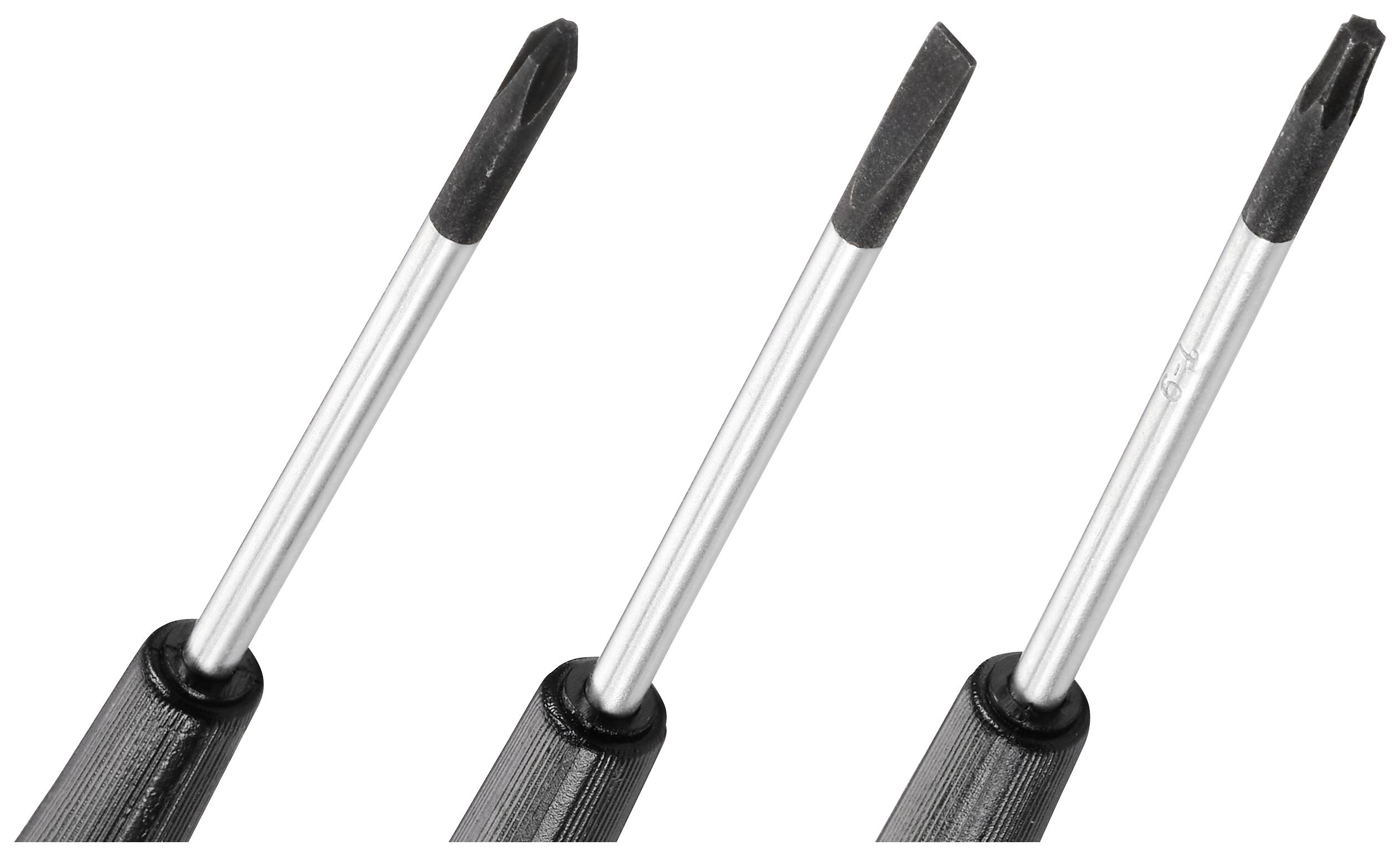 Trois tournevis différents, chacun avec un embout cruciforme, à fente et Torx, illustrent différents types de vis et leurs applications.