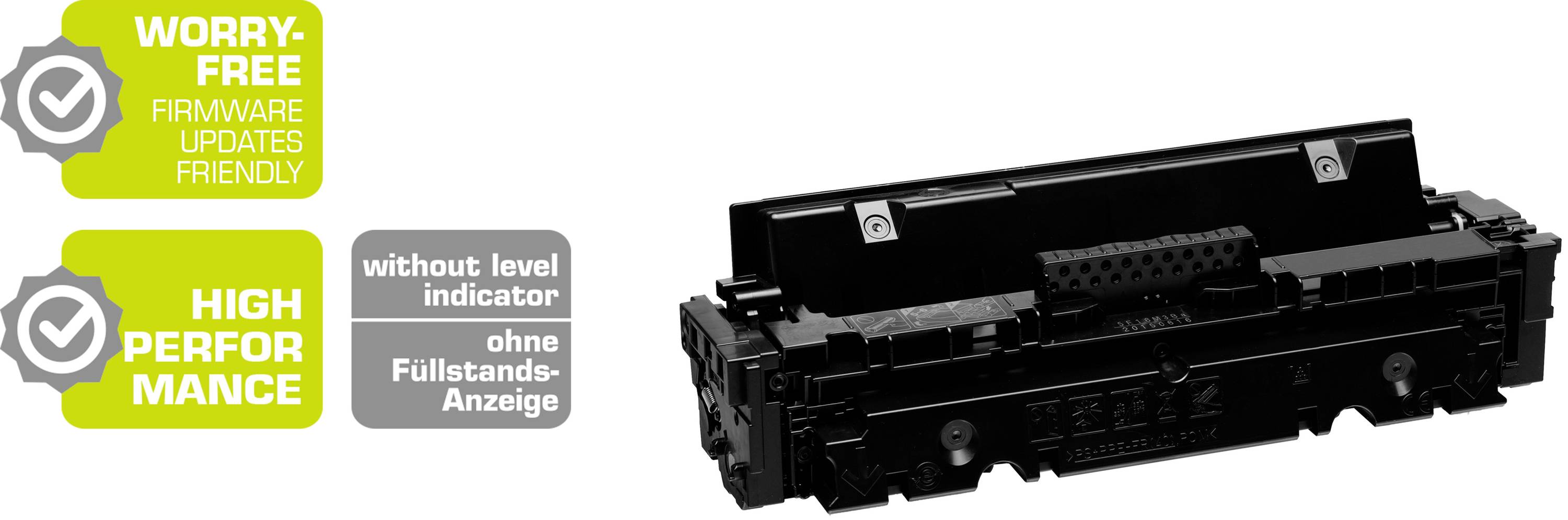 Cartouche de toner noir avec texte d'étiquette : 'SANS indicateur de niveau'. Symboles à côté : 'Mises à jour de firmware simplifiées', 'Haute performance'.