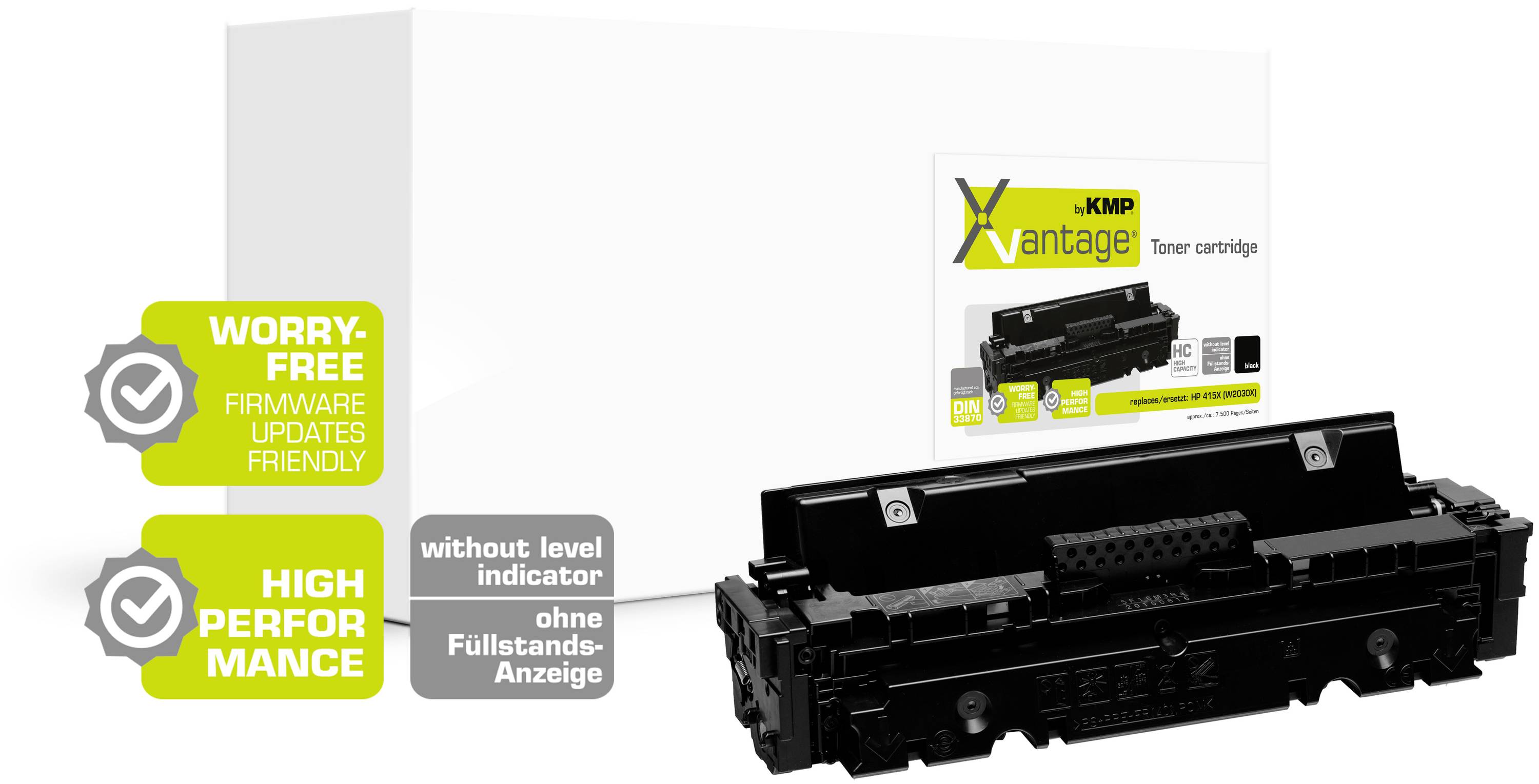 Carton portant l'inscription « xMP Vantage Toner Cartridge ». Toner noir à l'avant. Autocollant indiquant « mises à jour de firmware sans souci » et « hautes performances ».