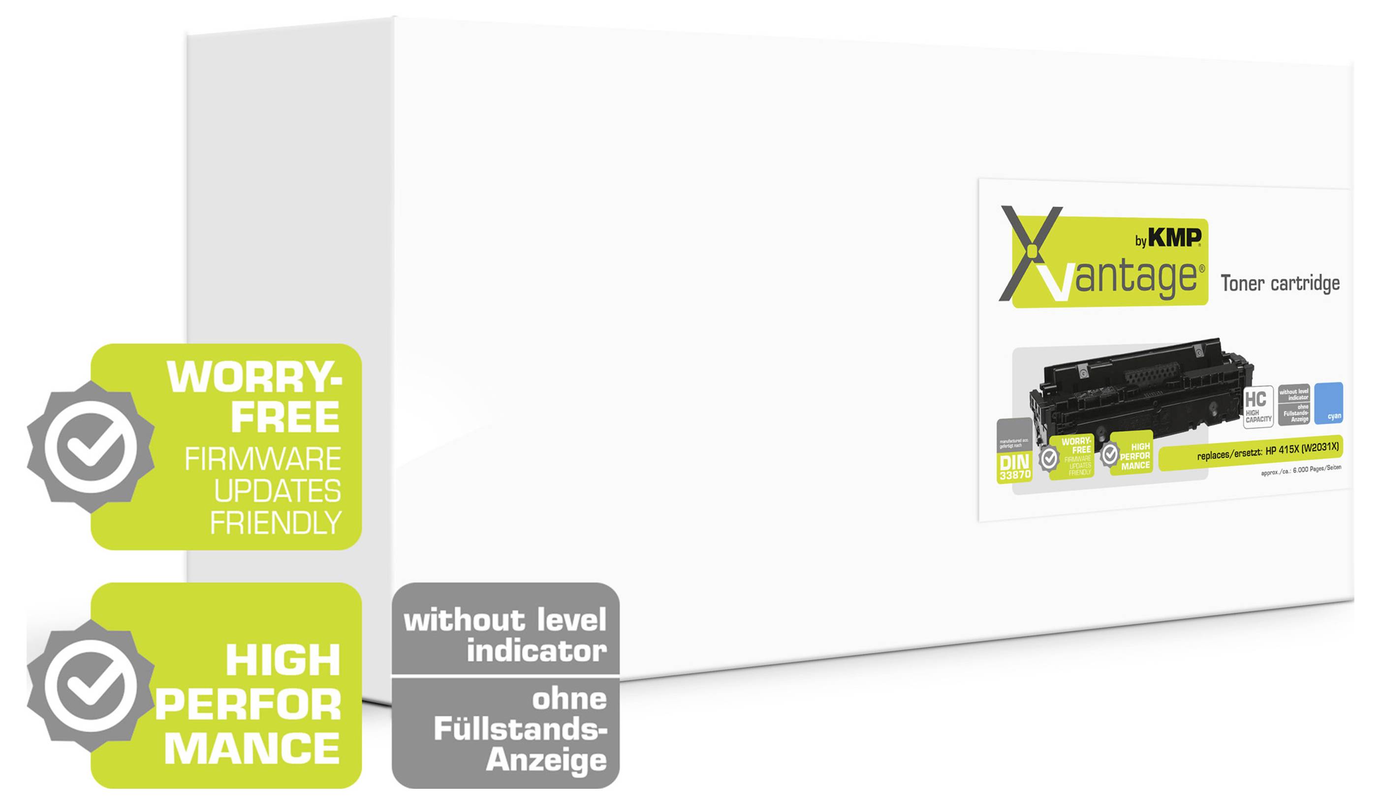 Cartouche de toner KMP Vantage avec des légendes pour « Mises à jour de microprogramme sans souci », « Hautes performances » et « Sans indicateur de niveau » en français et en allemand.