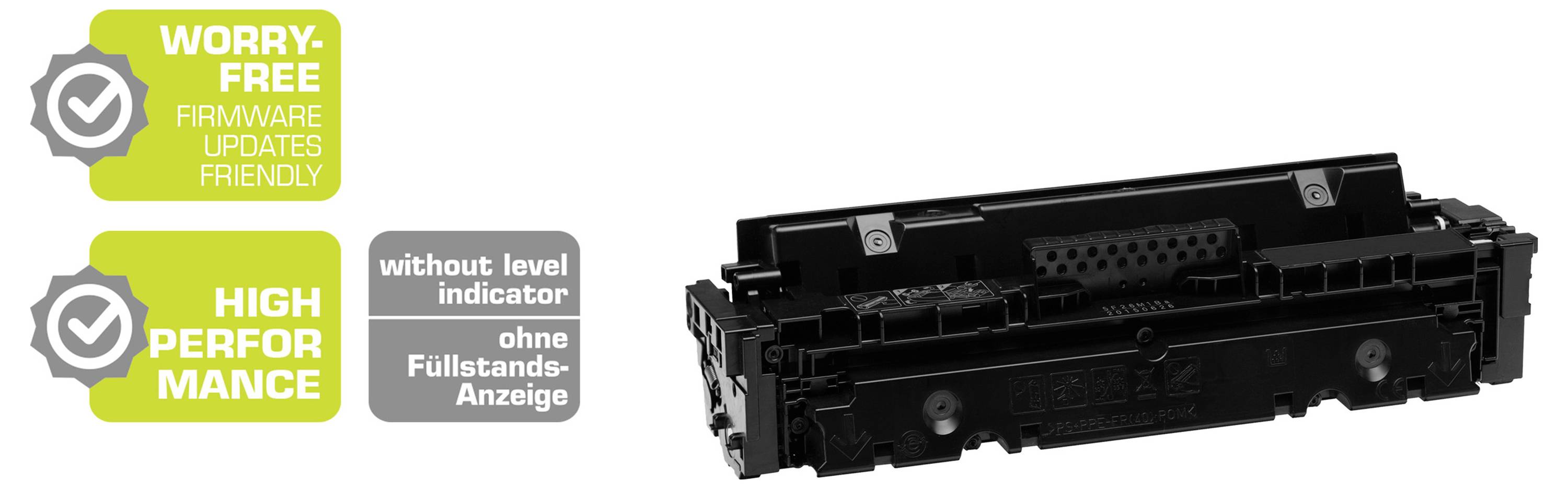 Cartouche de toner imprimante noire présentée avec deux badges promouvant les mises à jour de firmware sans souci et les hautes performances, plus une étiquette indiquant « sans indicateur de niveau / ohne Fullstands-Anzeige ».